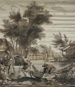 Embroideries, 1 pair, "Vue des Environs de Bayonne", signed and dated.