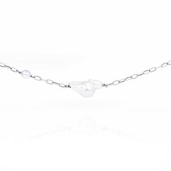 PÄRLHALSBAND, silver med runda och barockformade pärlor samt oval och åttkantslipade bruna diamanter. Vikt ca 70 g.