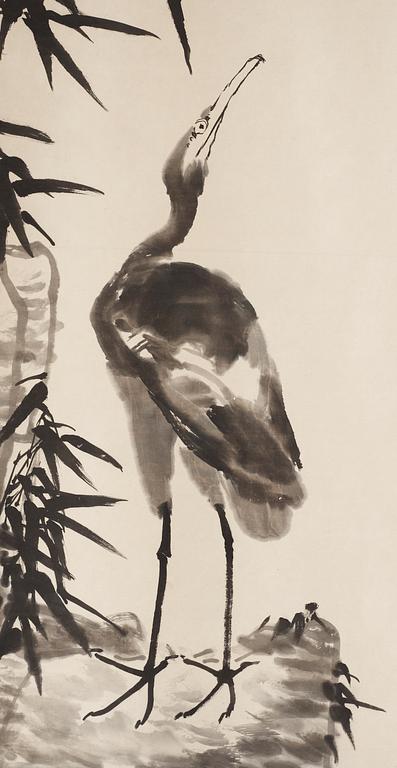 Li Kuchan, "Crane, Cliff, Bamboo and Lotus", a fine hanging scroll, signed and dated 1959.