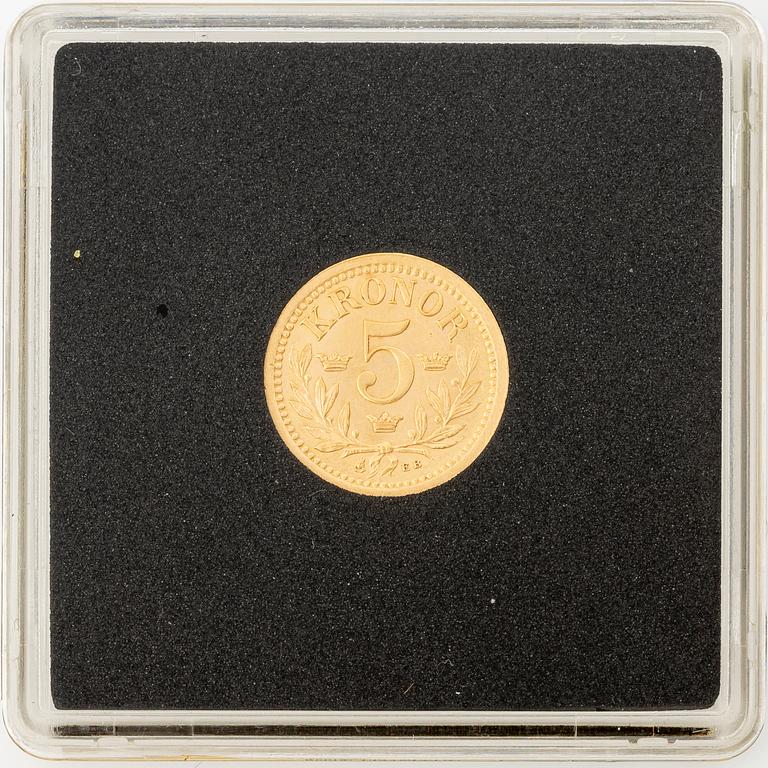 Guldmynt, Oscar II, 5 kronor, typ I, Sverige 1899.