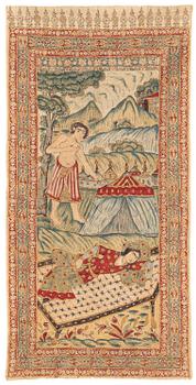413. A pictoral painted textile panel (Kalamkari),  Isfahan, late Qajar dynasty (1789-1925), c. 242 x 119 cm.