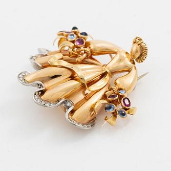 Brosch 18K guld med åttkantslipade diamanter samt safirer.