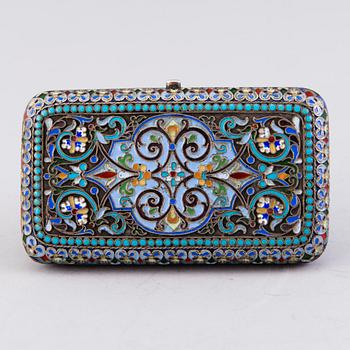 A CIGARETTE CASE, silver (88) and cloisonné enamel, Ovchinnikov, Moscow 1887, Russia.