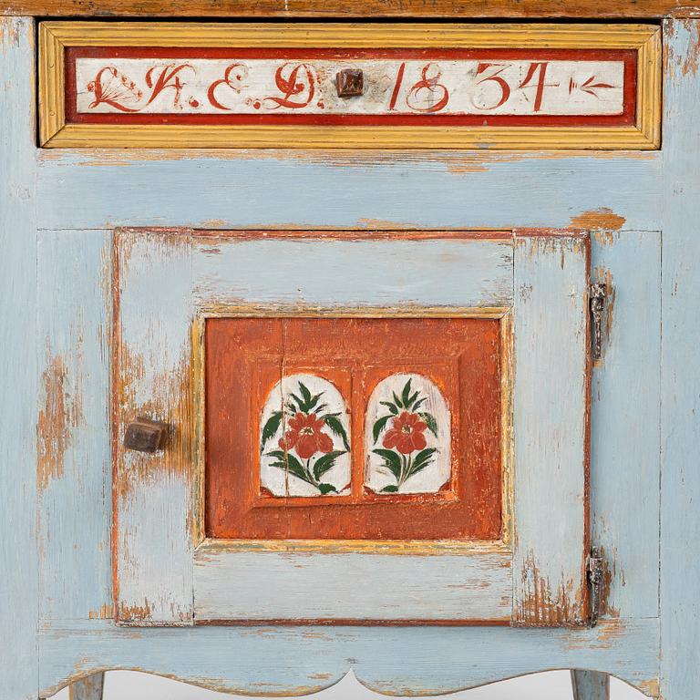 A Swedish folk art polychrome-painted table from Järvsö, Hälsingland, dated 1834.