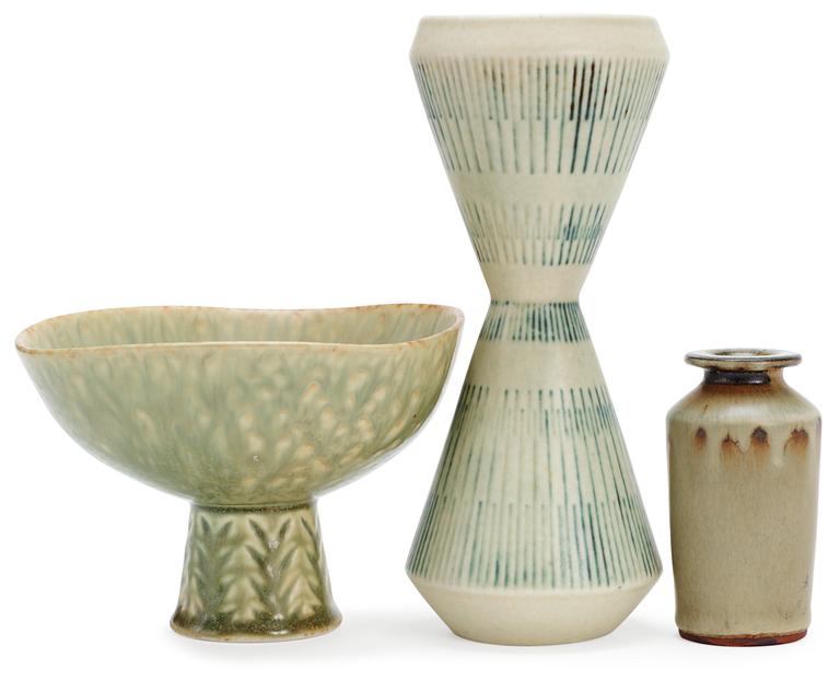 A Carl Harry Stålhane stoneware bowl and two vases, Rörstrand.