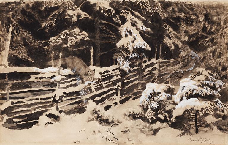 Bruno Liljefors, Winter scene with hunter and fox by fence.