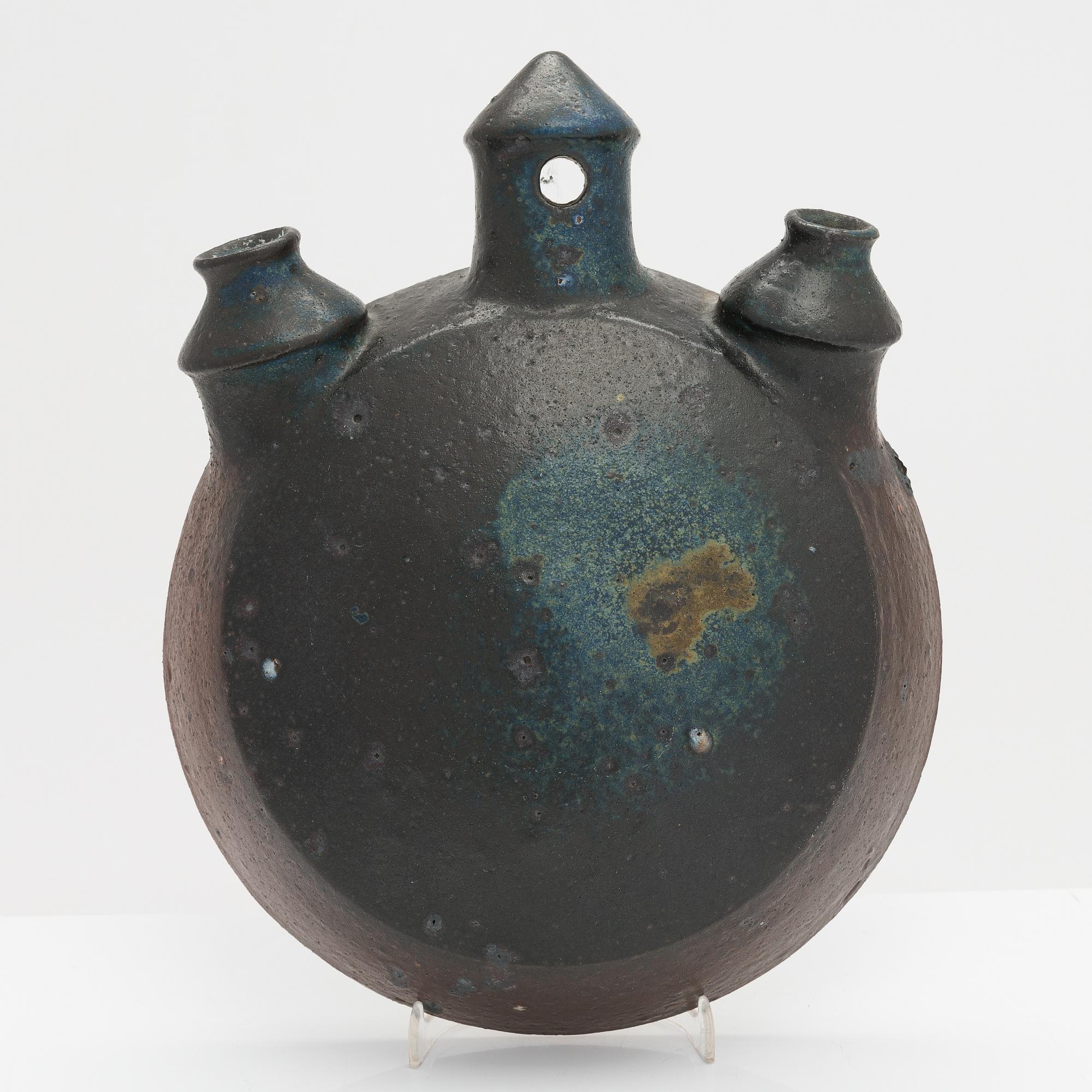 Francesca Mascitti-Lindh a ceramic pilgrim's bottle/sculpture, signed FML Arabia.