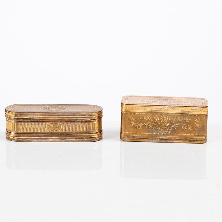 Two gilt-copper snuff boxes, France, 18th century.