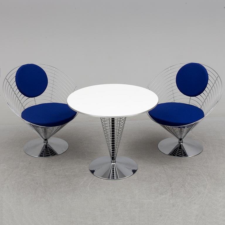 VERNER PANTON, PHILIPPE STARCK,  a set of two "Wire Cone" chairs and a table Fritz Hansen, late 20th century.