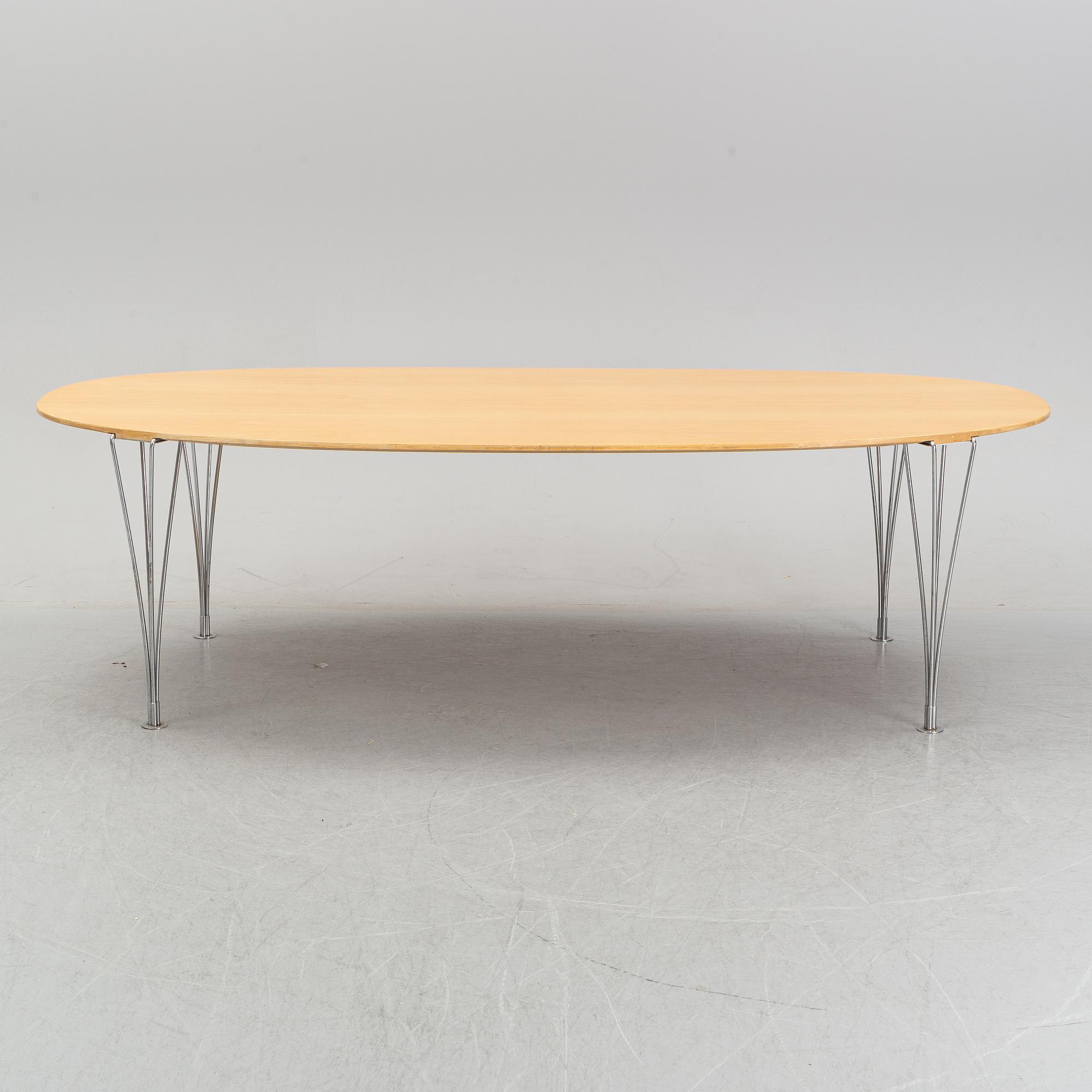 Piet Hein & Bruno Mathsson. A dining table "Super ellips", table top in birch. Labeled. Fritz Hansen.