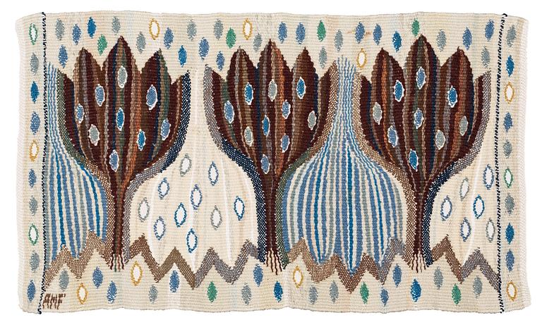 TEXTILE. "Blå crocus". Tapestry variant. 32 x 55 cm. Signed AMF.
