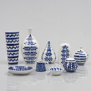 Karin Björquist, a set of nine "Indigo" stoneware vases and bowls, Gustavsbergs studio, 1950s.