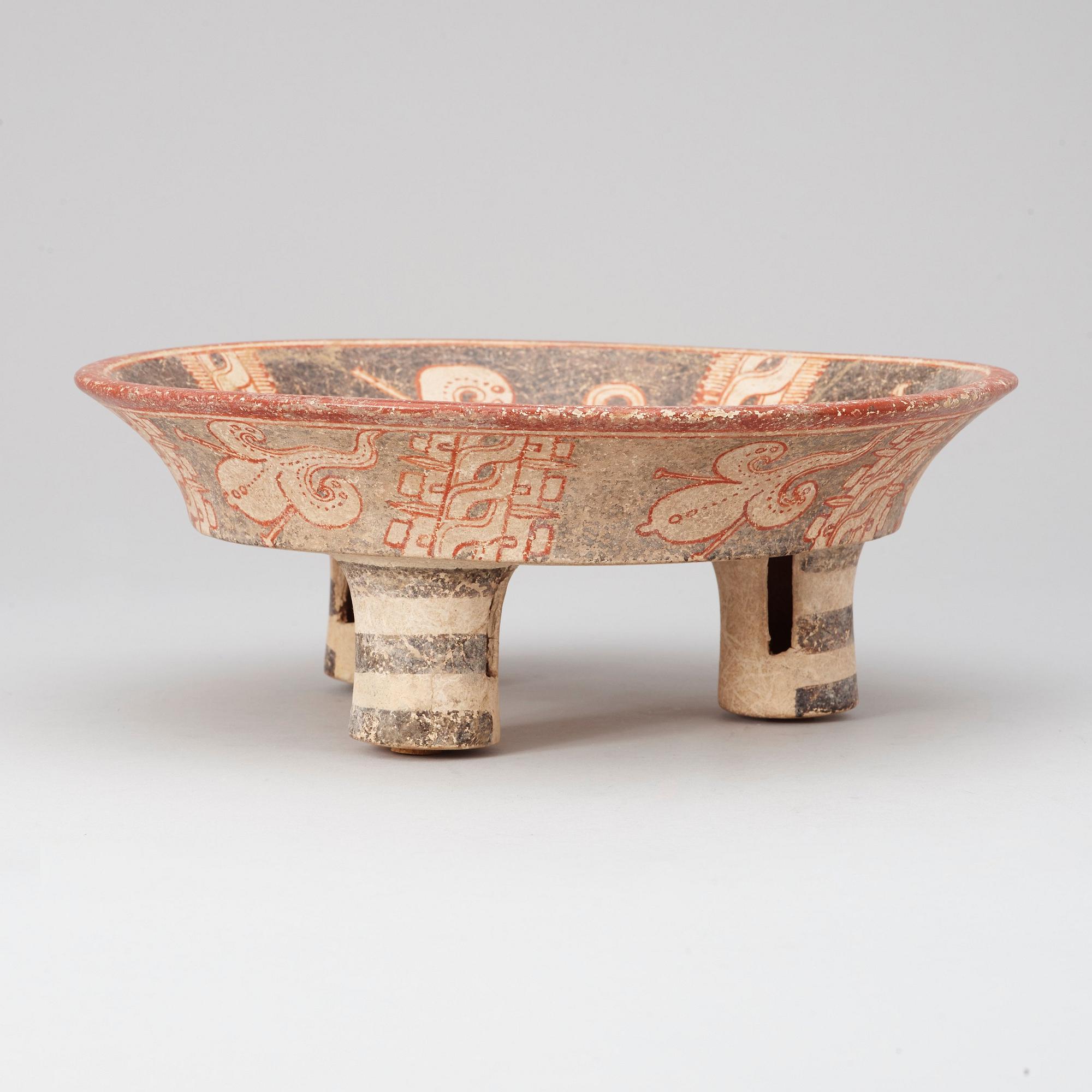 A MAYAN POLYCHROME TRIPOD CEREMONIAL CHOCOLATE BOWL, late Classic, ca 550-950 A.D.