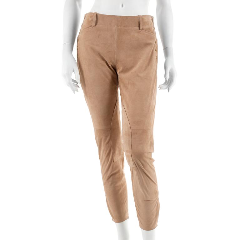 RALPH LAUREN, a pair of beige suede trousers, size 6.