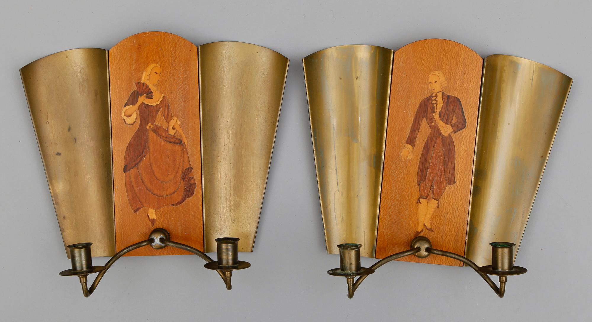 VÄGGLAMPETTER, 1 par, Mjölby Intarsia, 1940-tal.