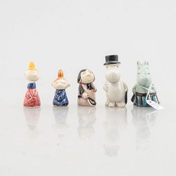 Leo Tykkyläinen, five ceramic Moomin figurines, Arabia, Finland, 1950's.