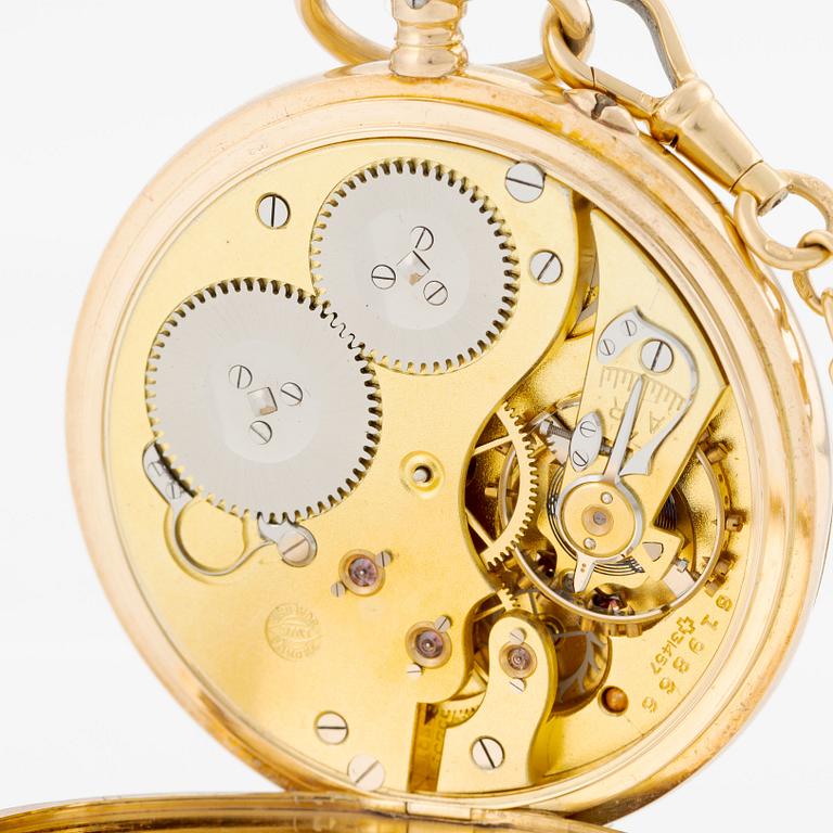 IWC, pocket watch, 14K gold, chain in 18K gold, 49 mm.