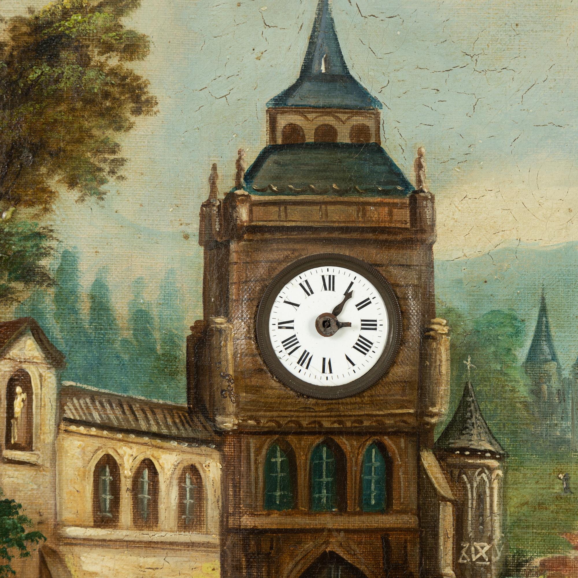 An oil painting with clockwork from around year 1900.