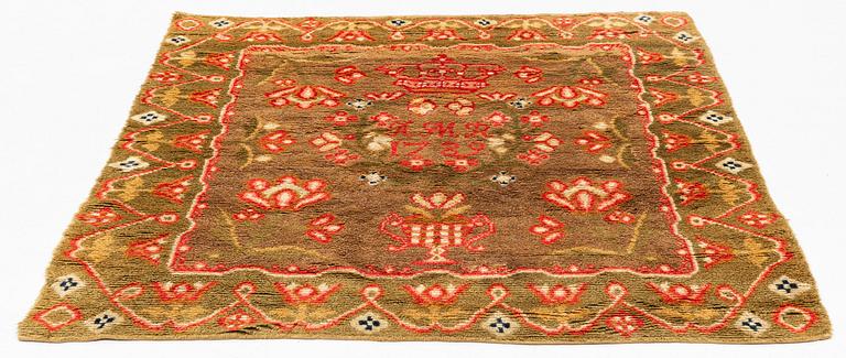 Täcke, rya, ca 181,5 x 160 cm, Finland, daterad 1789.