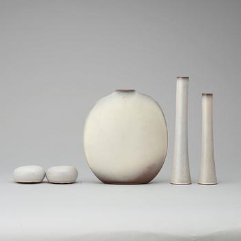 A set of three Jacques & Dani Ruelland glazed ceramic vases and two sculptures, France 1960's.