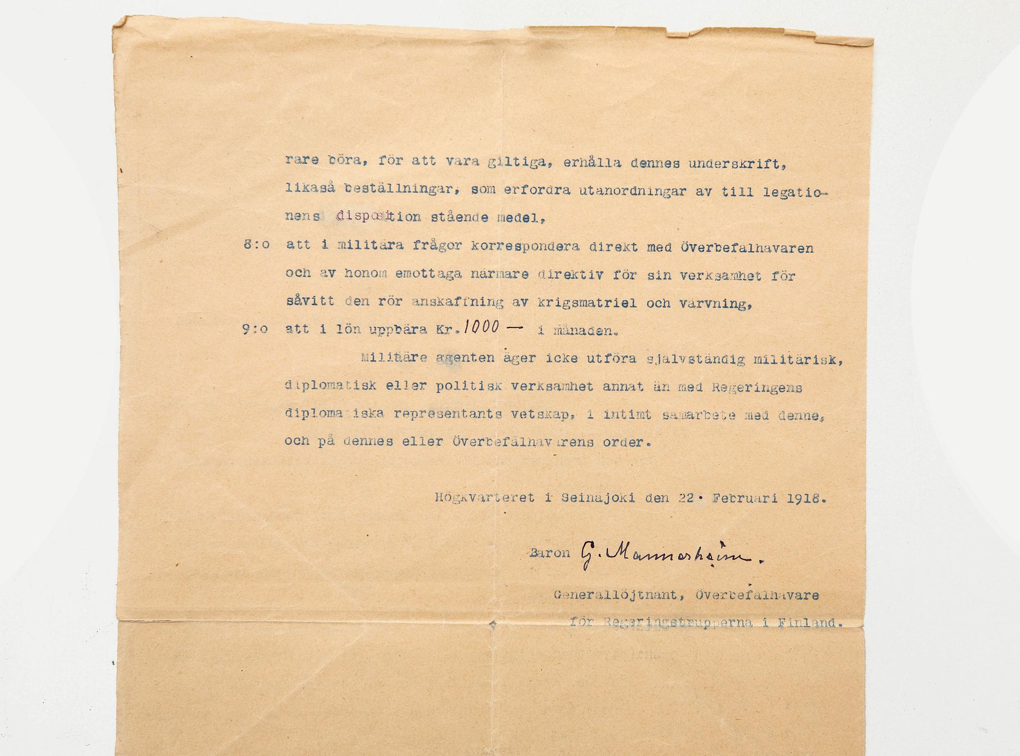 Gustaf Mannerheim 1867-1951, Finland, baron, military leader and statesman. Signed document Swedish Brigade 1918.