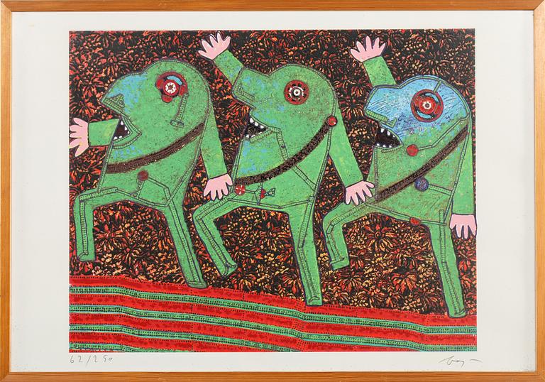 ENRICO BAJ, färgserigrafi med applikation, signerad och numrerad 62/250.