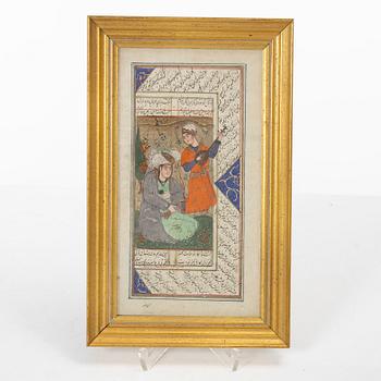 Manuskriptsidor/målningar, tre stycken, Persien/Iran, sen Qajardynasti / 1900-talets första del.