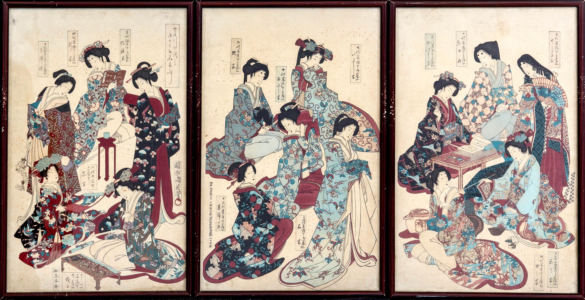Träsnitt 3 st Japan omkring 1900.