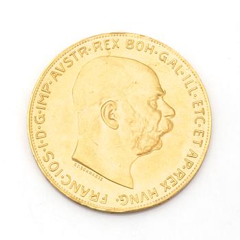 AUSTRIAN 100 CORONA GOLD COIN, 21,6 ct, 1915. Ca 34 grams.