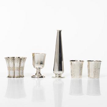 Three silver beakers, a vase and a cup, Sweden and Denmark, 19th-20th century.