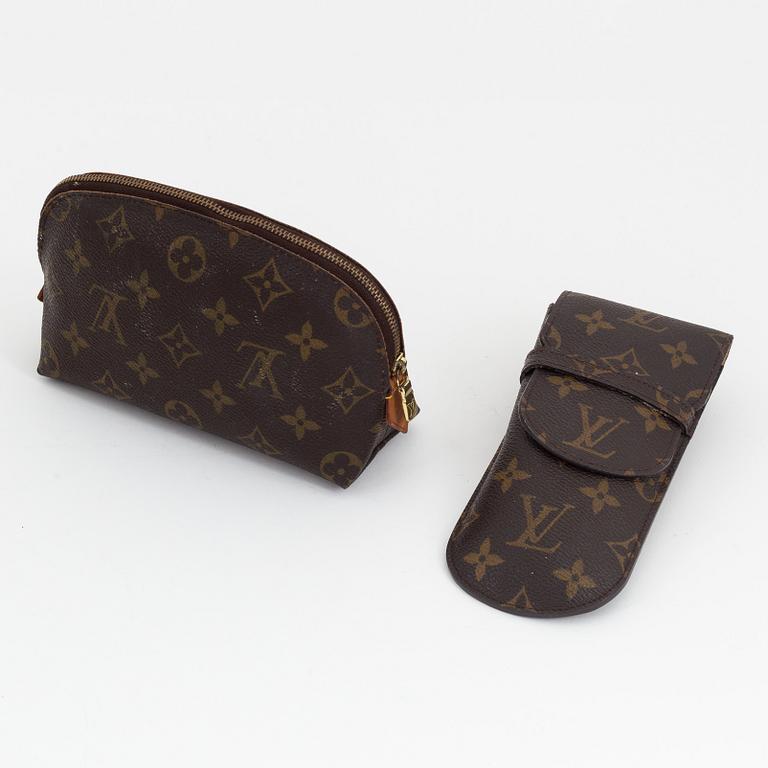 Louis Vuitton, a monogram canvas toilet bag and a sunglasses case.