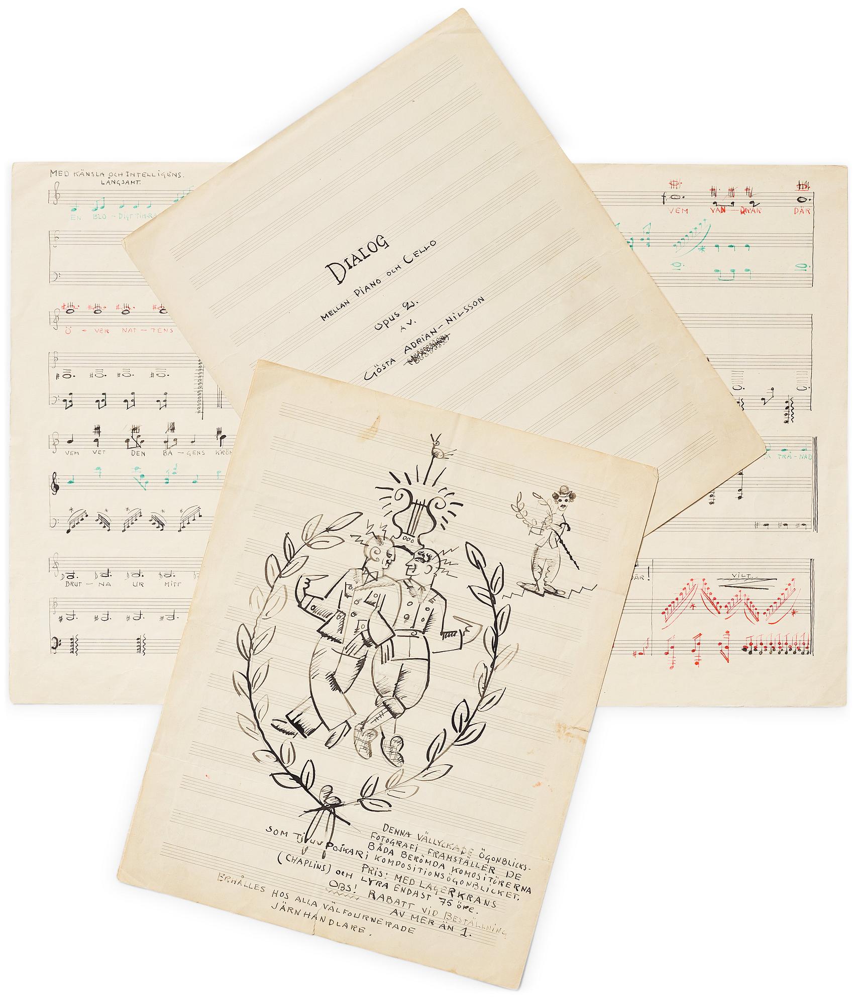Gösta Adrian-Nilsson, Portfolio with three scores,  "Dialog mellan piano och cello", opus 2, "Sång och piano", opus 3.