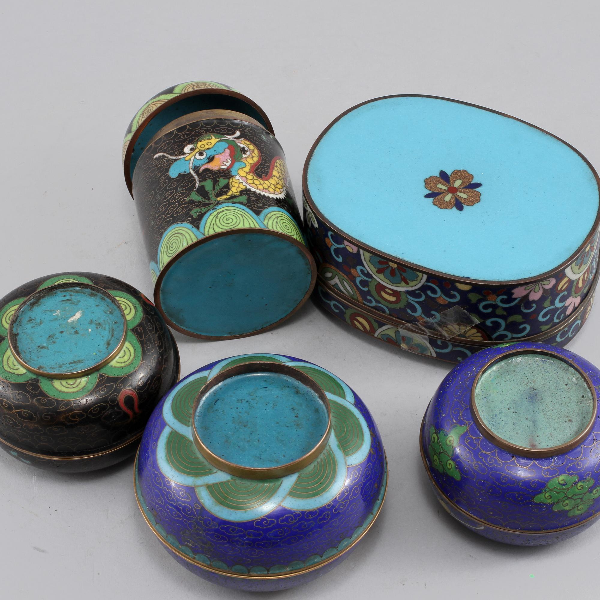 PARTI CLOISONNÉ, 5 st, orientaliska, 1900-tal.