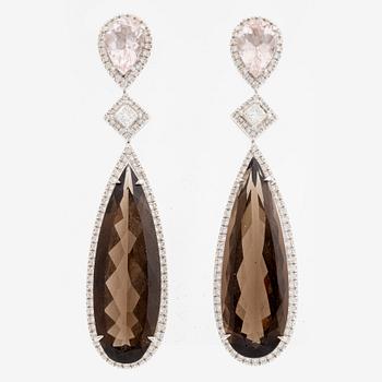 Earrings 18K white gold with drop-cut smoky quartz and morganite with diamonds.