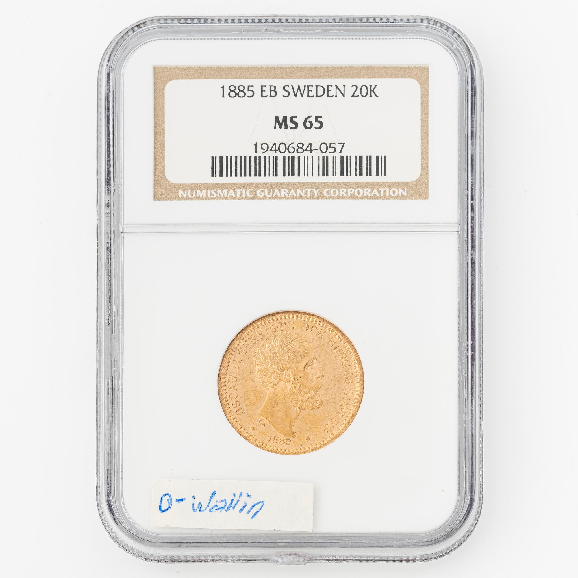 Gold coin, Oscar II, 20 kronor, Sweden 1885.