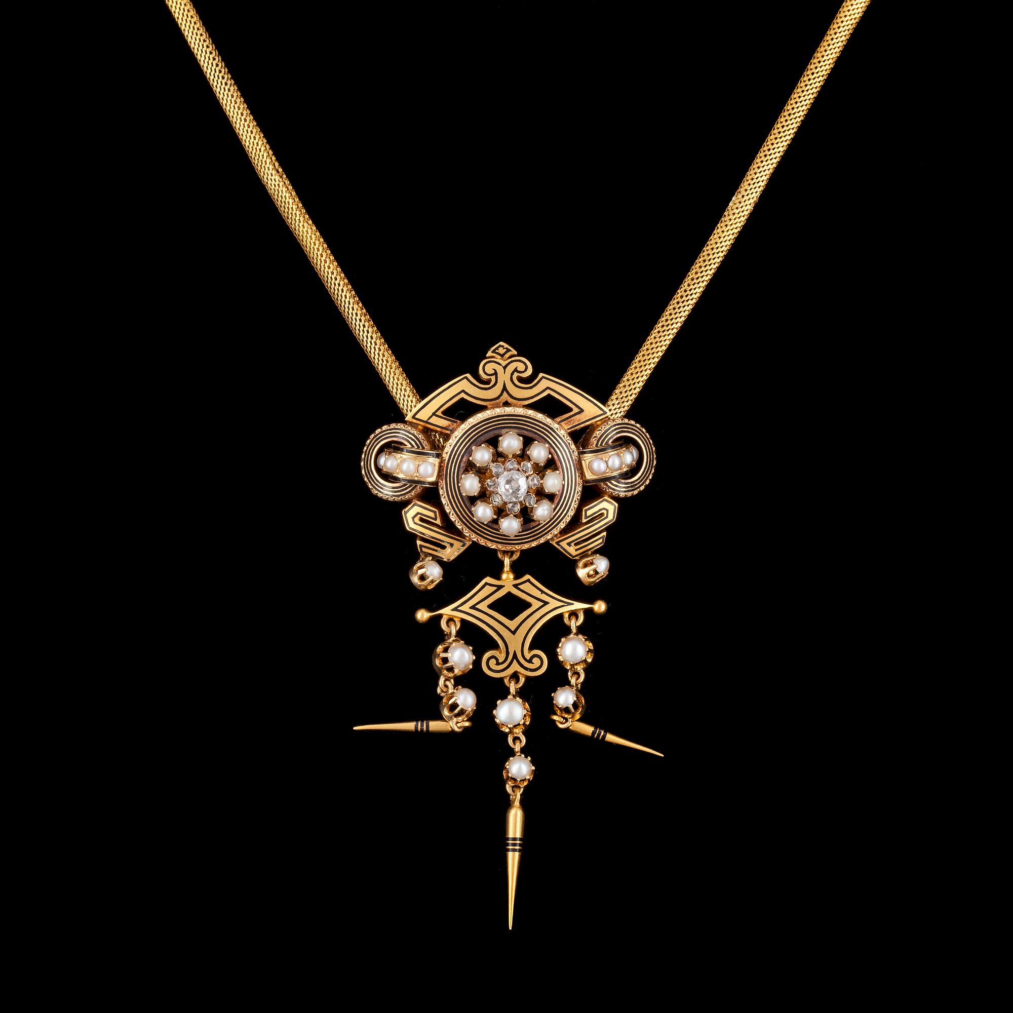 PENDANT, gold, black enamel, natural pearls and diamonds. France, 19th century.