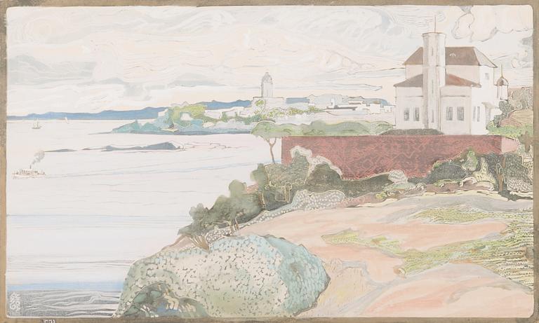 Aleksanteri Ahola-valo, linoleum cut and gouache, monogram signed.