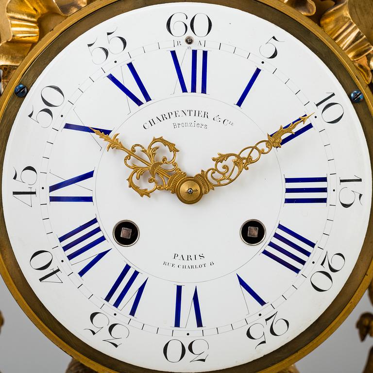 A Louis XVI-style late 19th century gilt bronze mantel clock.