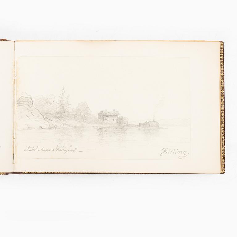 Album with among other things 16 pieces of watercolours and drawings by Swedish artists.