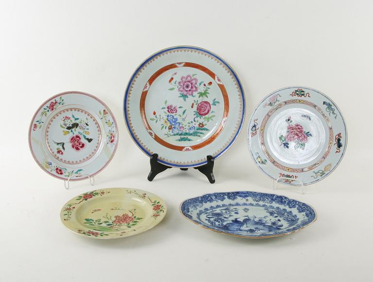 FAT och TALLRIKAR, 5 delar, porslin, Kina, Qianlong, 1700-tal.