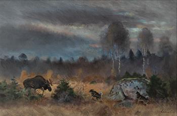 Lindorm Liljefors, Älg och hundar på myr.