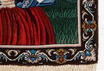 An oriental, figural rug, c. 64 x 50 cm.