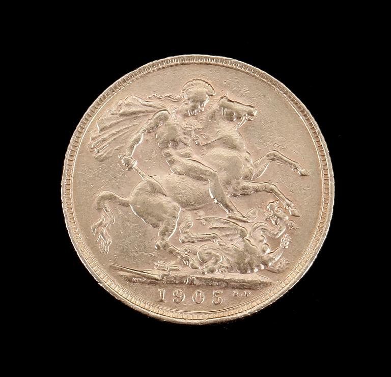 GULDMYNT, sovereign, Edward VII, Melbourne, Australien, 1905. Vikt ca 7,9g.