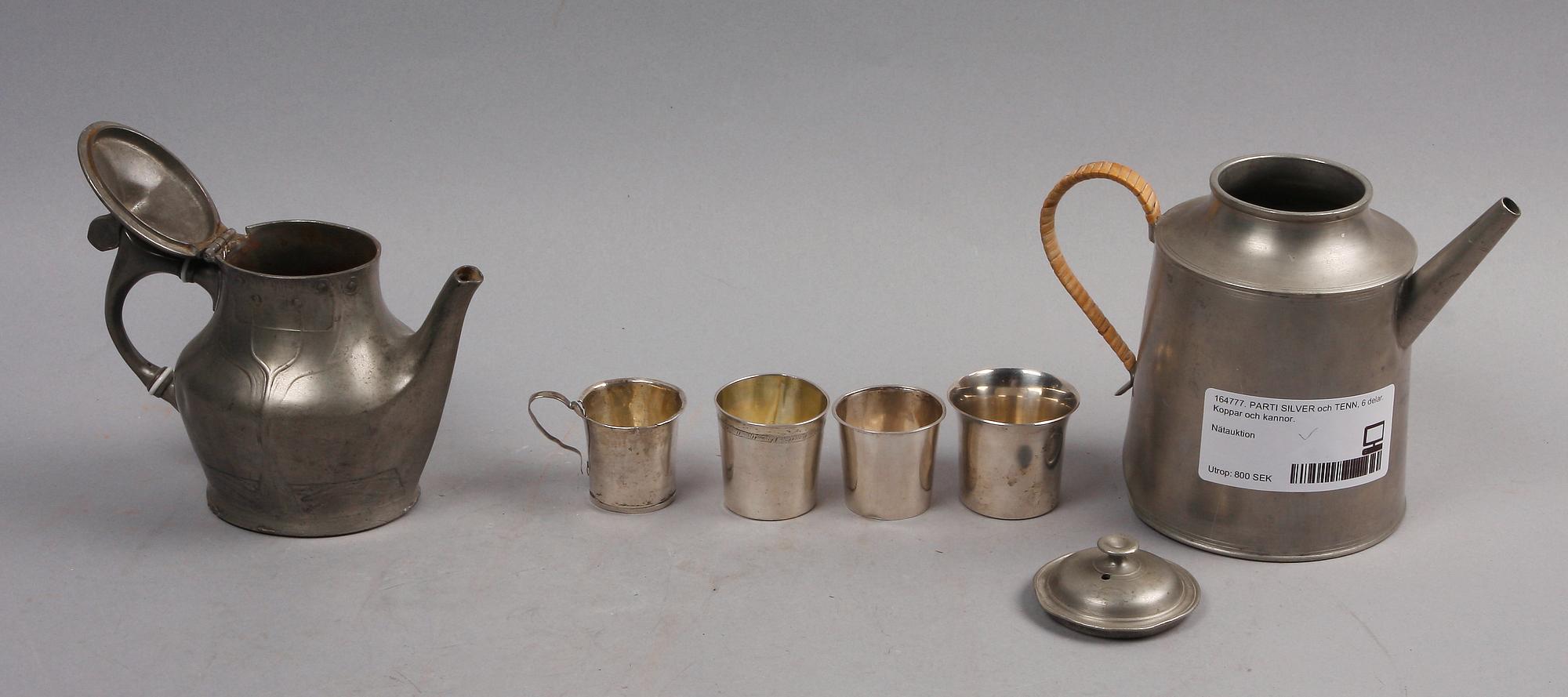 PARTI SILVER och TENN, 6 delar, 1800-1900-tal.