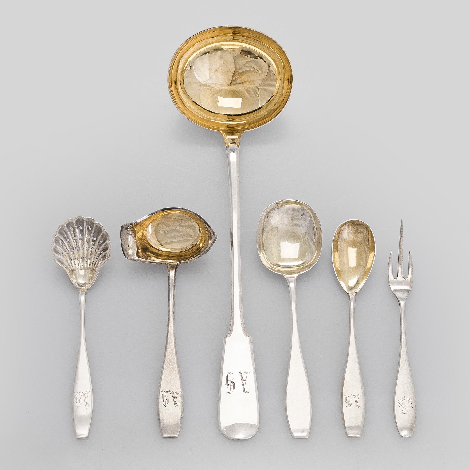 Six silver serving utensils, Finland 1916-1953.