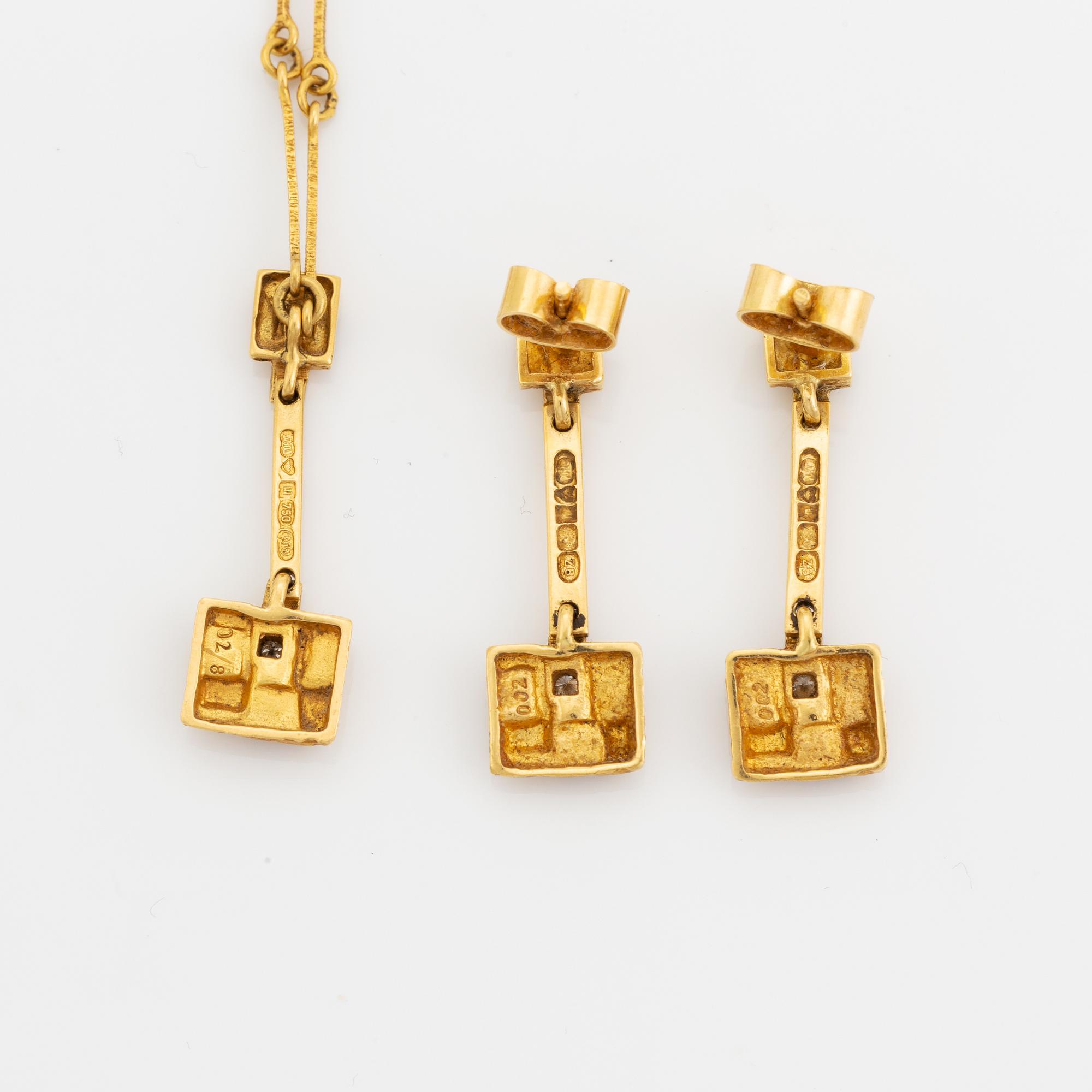 Björn Weckström, necklace and earrings,  18K gold with eight cut and brilliant cut diamonds.