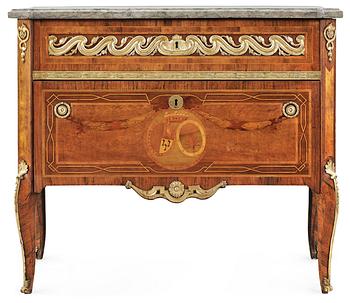 A Gustavian commode by Gottlieb Iwersson, signed and dated 1781, with the alliance crest of Lilliesvärd-Hummerhielm.