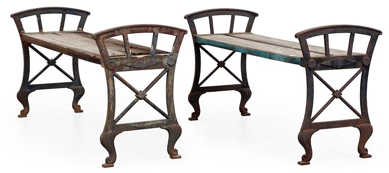 A pair of Folke Bensow cast iron benches, Näfveqvarns Bruk.