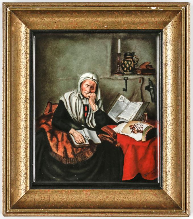 PORSLINSPLAKETT i ram, signerad H Davidsson 1941.