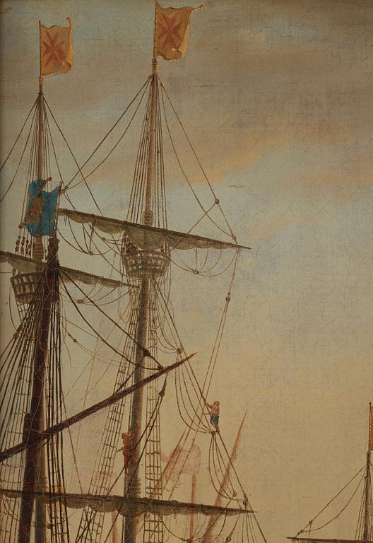 Hamnbild med Villa Medici och handelsmän.